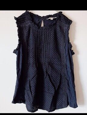 Women’s Navy Blue  Eyelet Cotton Material-Detail Sleeveless Top